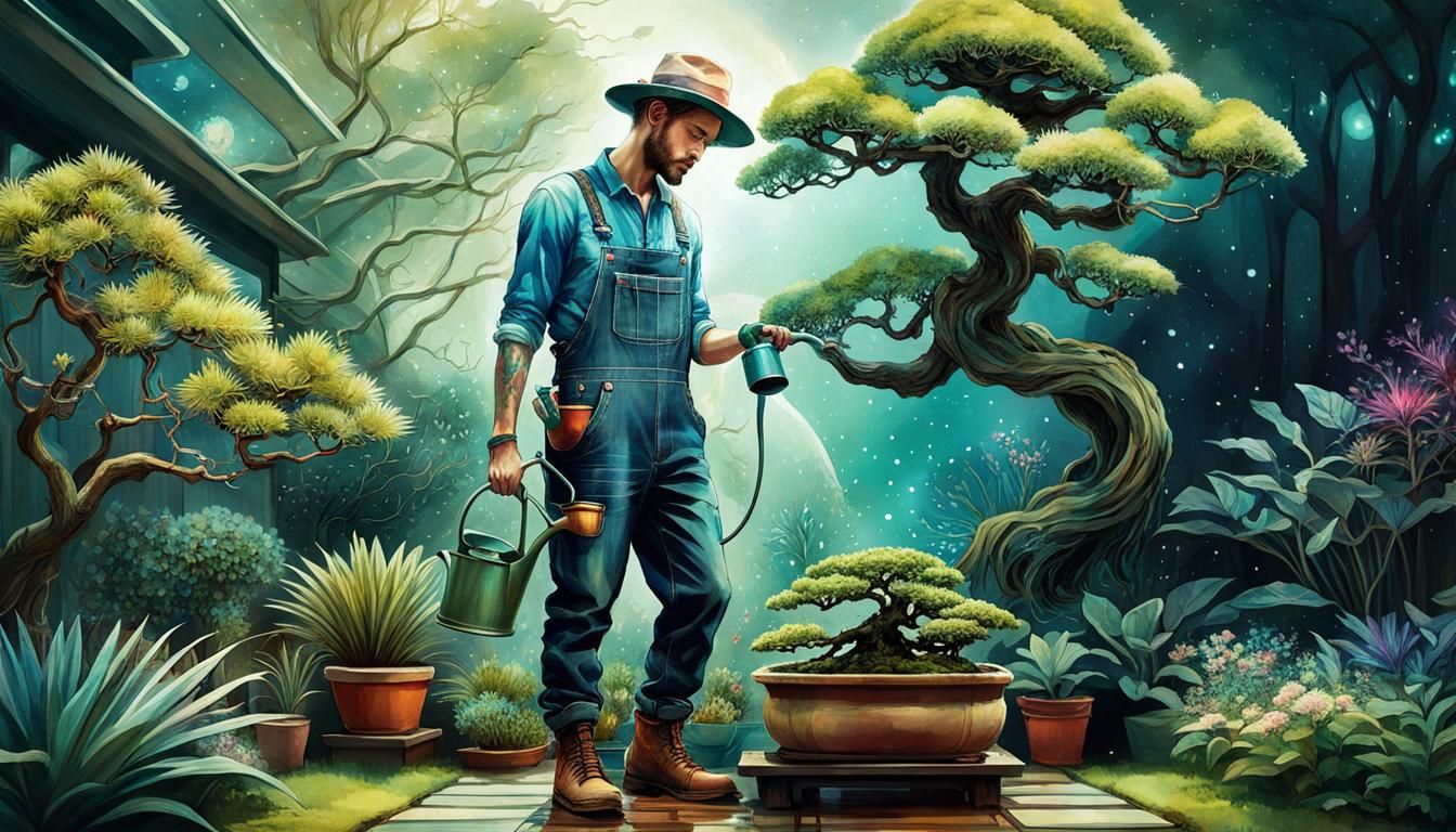 Cosmic Gardener Watering Bioluminescent Bonsai Tree