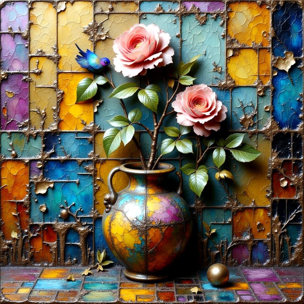 Vibrant Rose Blooms in a Distressed Metallic Wonderland