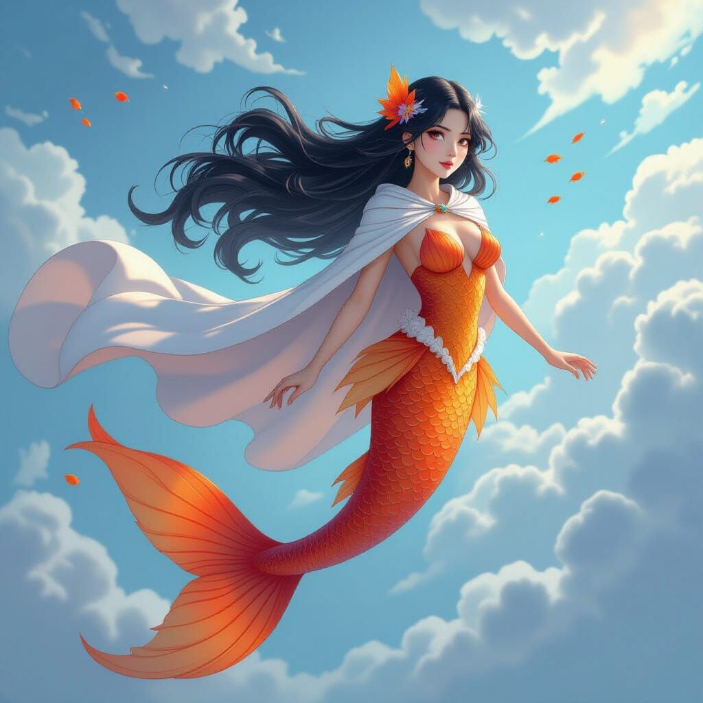 Mermaid with Black Hair and Orange Tail Soars in Sky
