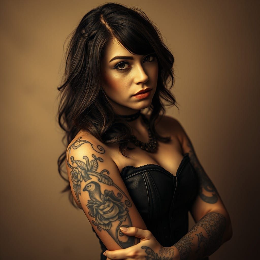 Vintage Glamour Tattooed Lady in Sepia Tones