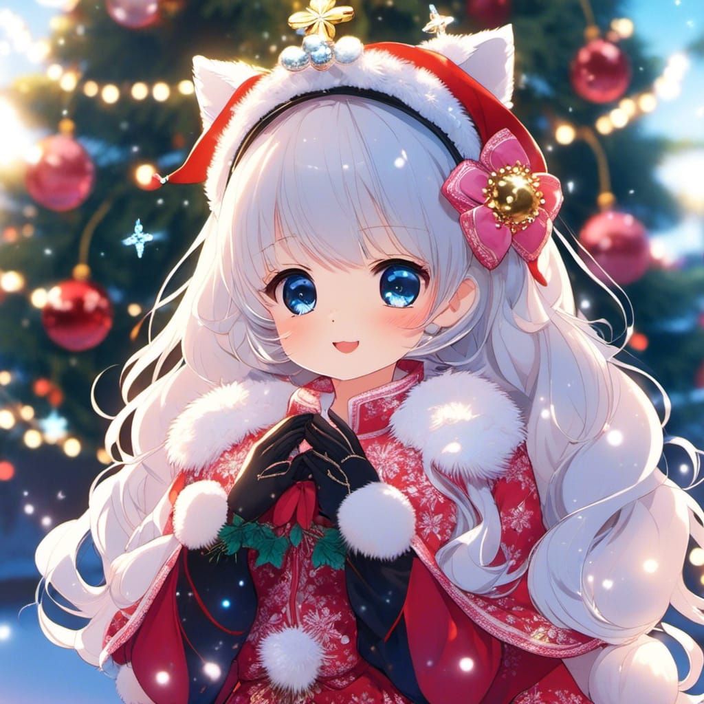 Anime Christmas Tree Cat in Fantasy Forest