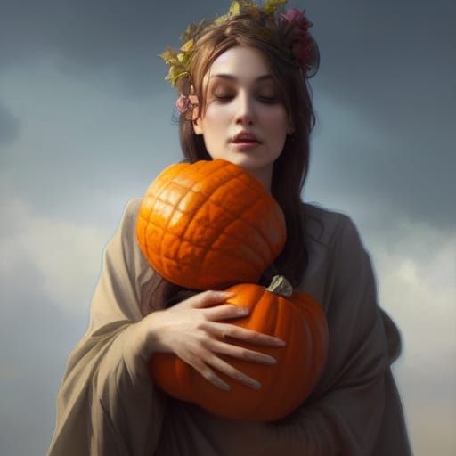 Woman Holding Pumpkin Portrait in Hyperdetailed Style
