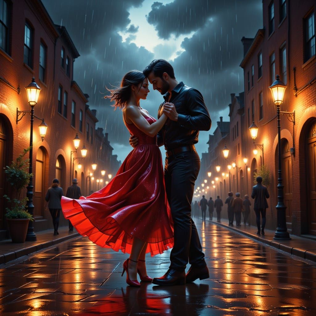 Passionate Couple Dancing Tango in Rain