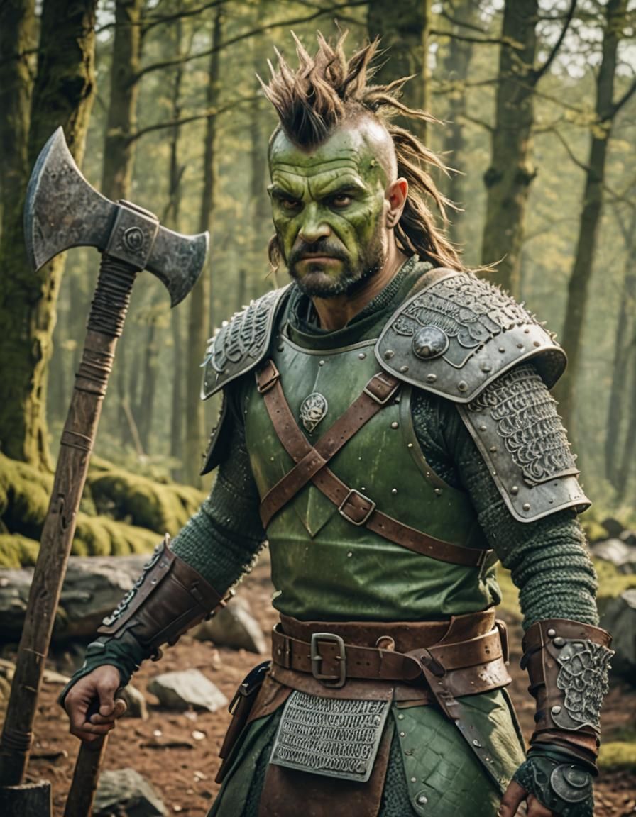 Green-Skinned Warrior with Axe in Cinematic Lighting