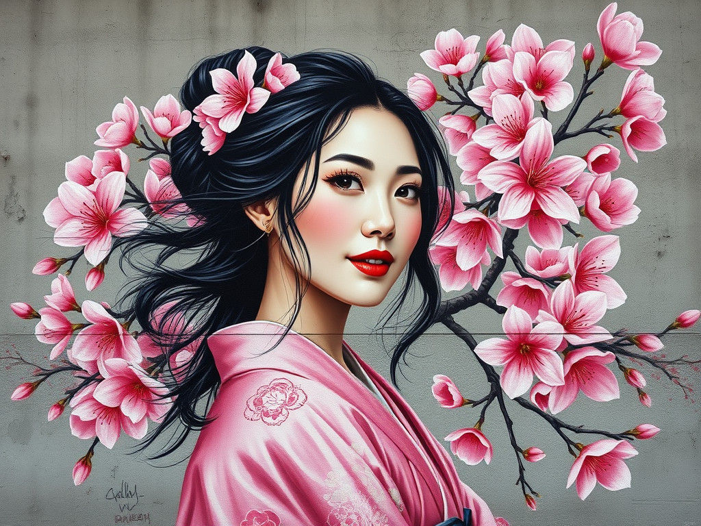 Asian Woman Graffiti Art with Cherry Blossoms