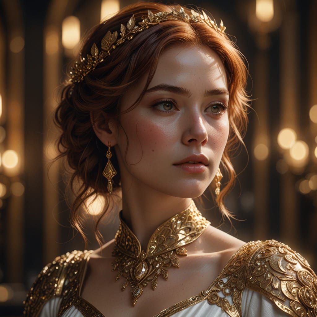 Auburn-Haired Woman in Shimmering Gown: Fantasy Art
