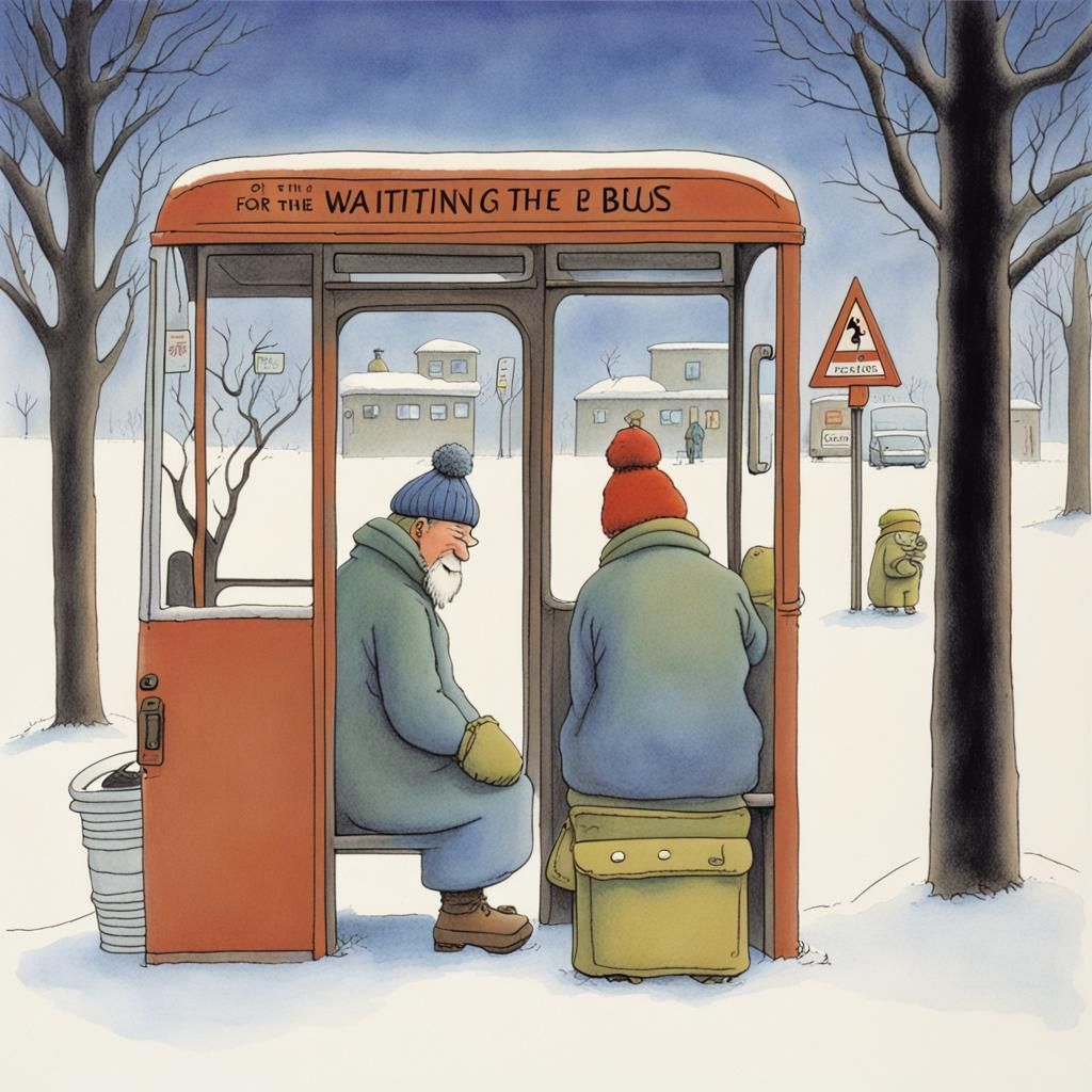 Zen Winter Bus Stop in Gary Larson Style