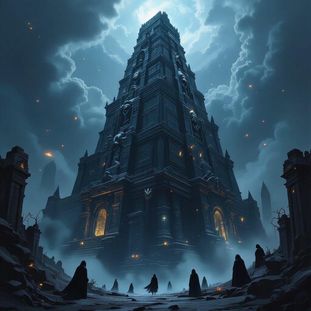 Obsidian Ziggurat with Bioluminescent Fungi, Digital Paintin...