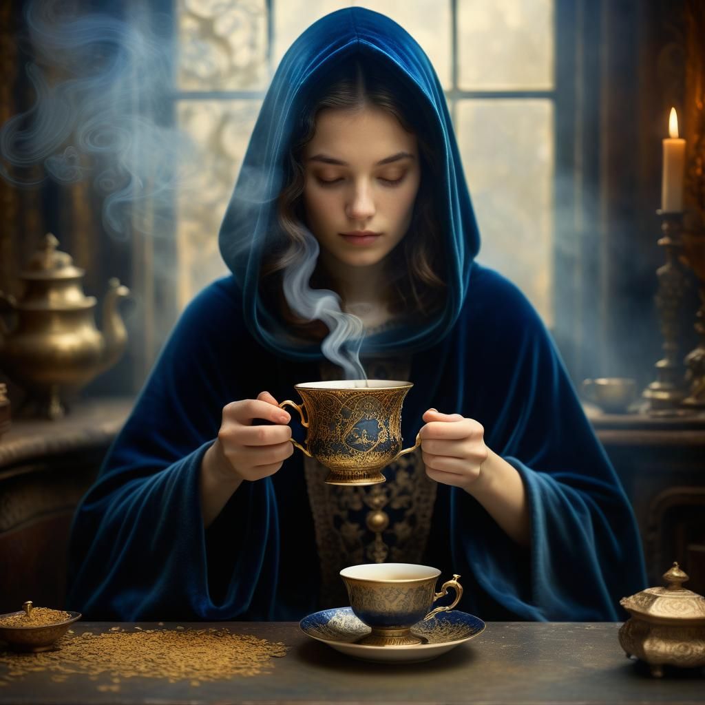 Mystical Tea Leaf Reader in Velvet Cloak