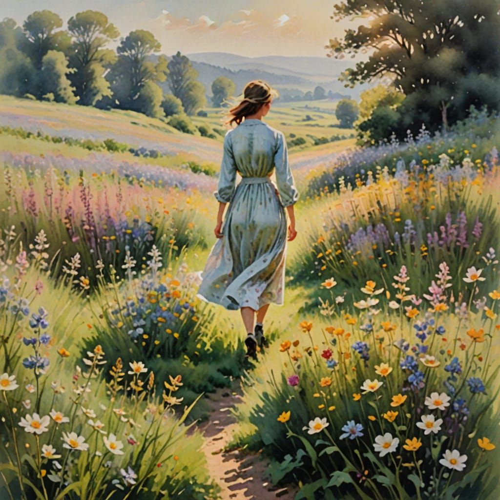 Woman Walks Through Wildflower Meadow in Watercolour