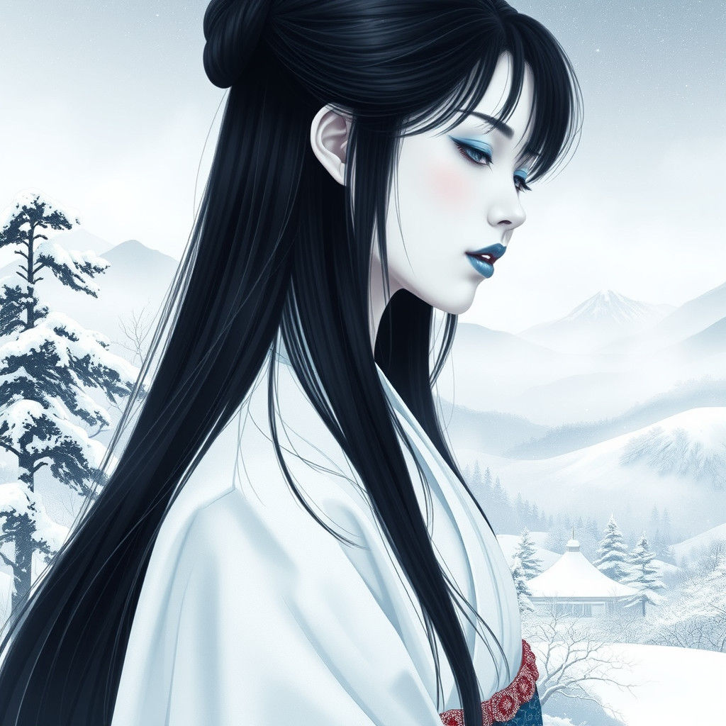 Ethereal Yuki-onna in Snowy Japanese Landscape