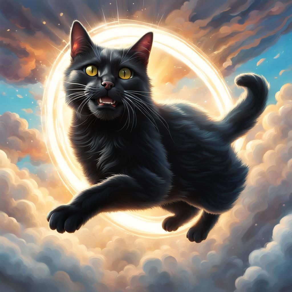 Happy Cat with Halo Jumping Through Clouds
