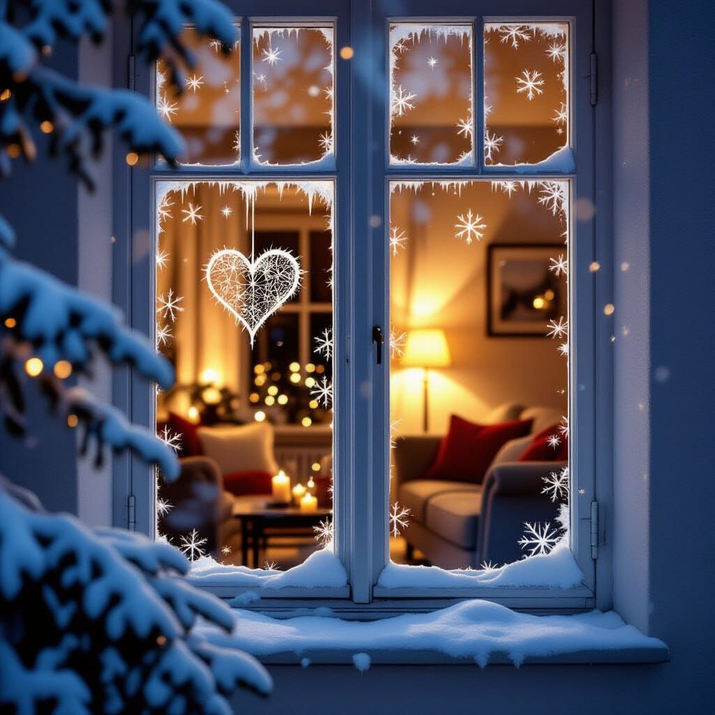 Cozy Living Room Through Iced Window with Heart Design