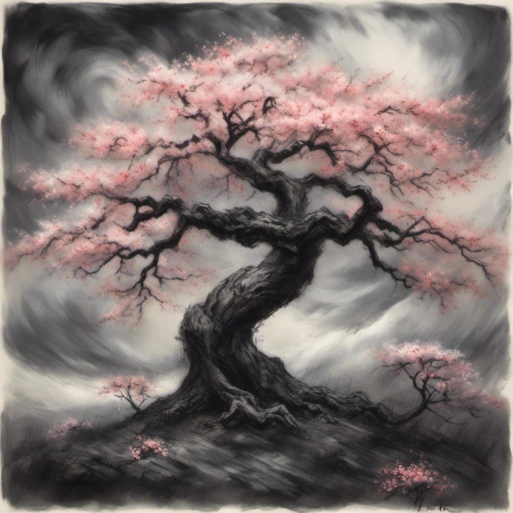 Sakura Tree Enduring Fierce Thunderstorm: Charcoal Pastel Il...