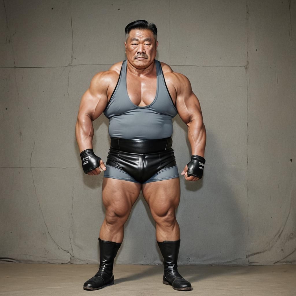 Korean Wrestler Posing Defiantly in Trunks and Boots