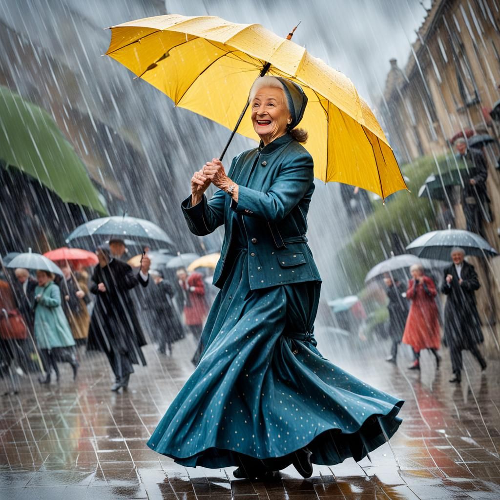 Joyful Old Woman Dancing in the Rain