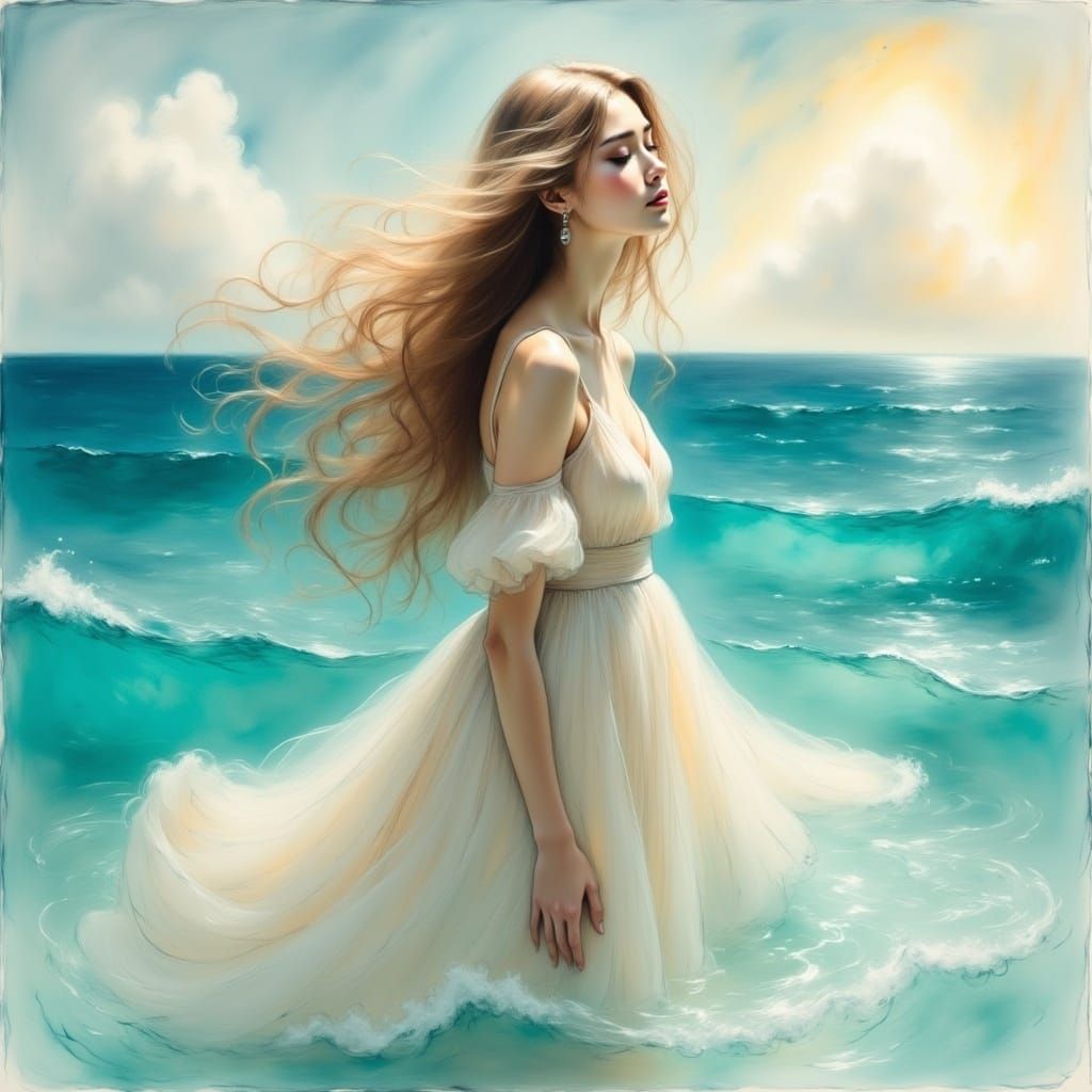Ethereal Woman Enters Sea in Pre-Raphaelite Style