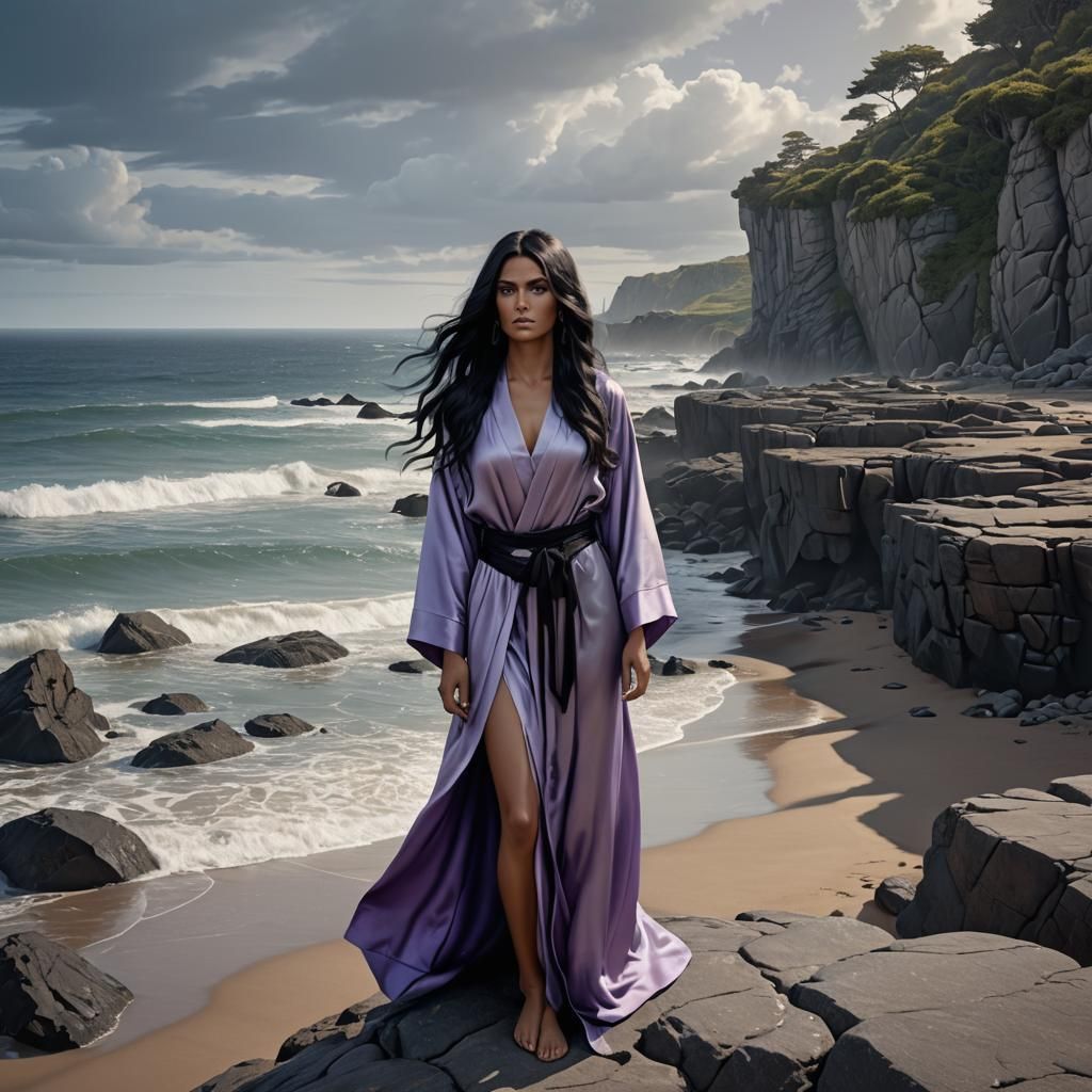 Longing Woman on Rocky Beach in Fantasy Concept Art