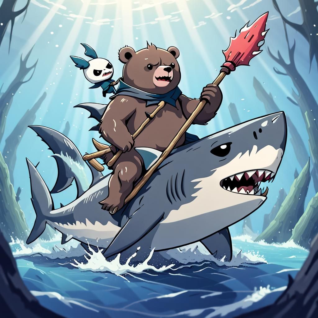 Bear Riding Shark into Battle, Cartoon Style
