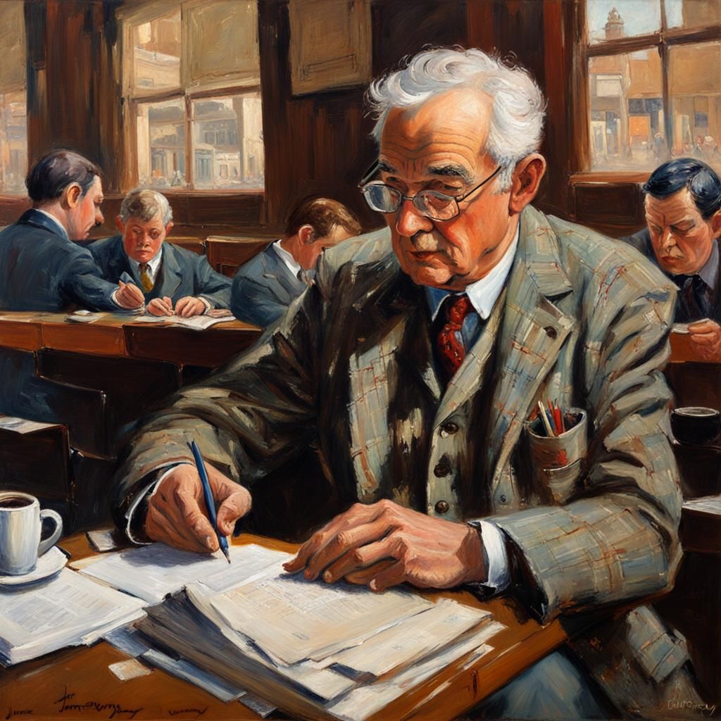 Professor Grading Papers: Oil Painting