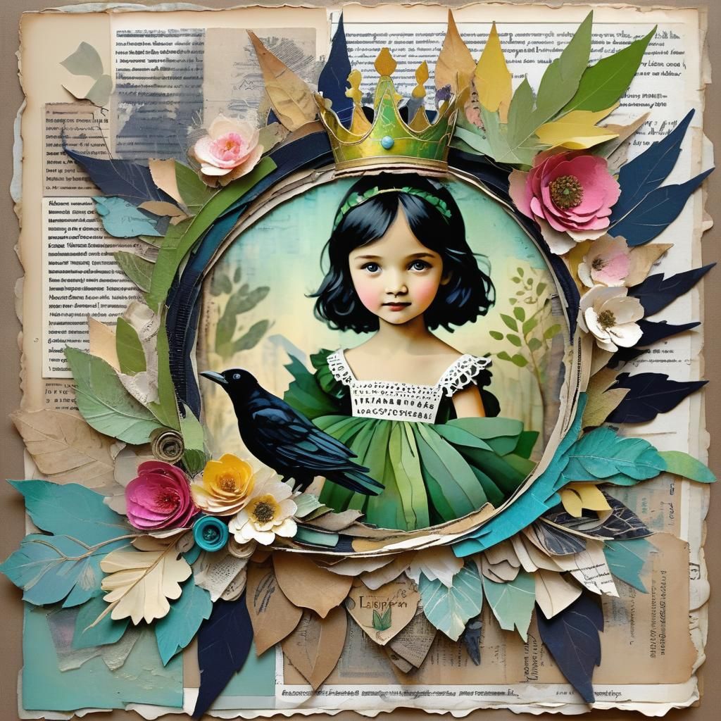 Princess With Raven in Mixed-Media Collage Style