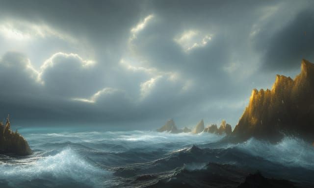 Epic Seashore Under Awesome Clouds: Dark Fantasy Art