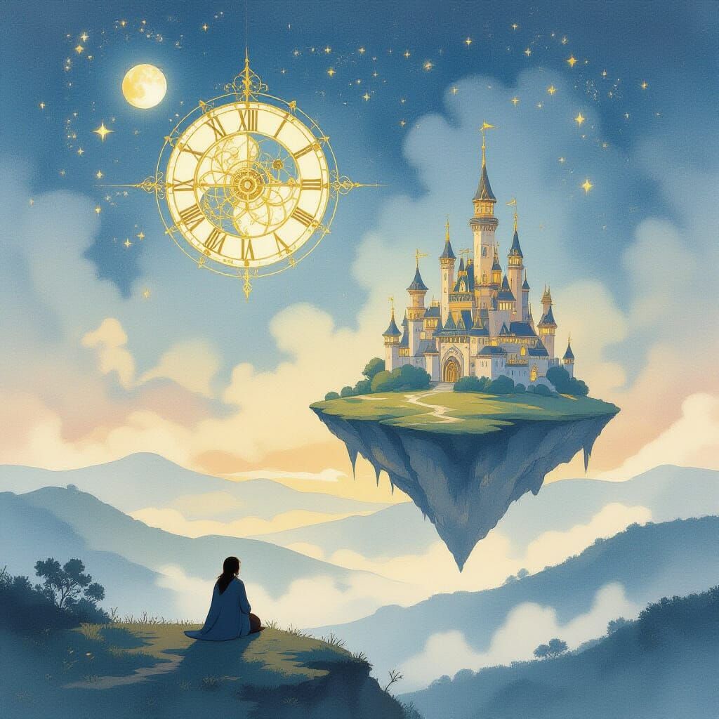 Figure Contemplates Celestial Clockwork City on Floating Isl...