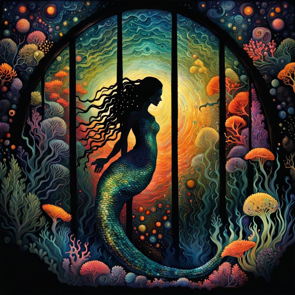 Giger-Inspired Mermaid in Underwater Glass Greenhouse