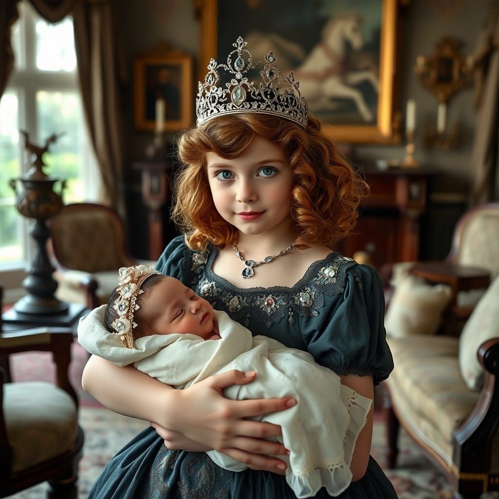 Edwardian Heiress with Baby Sister in Art Nouveau Style