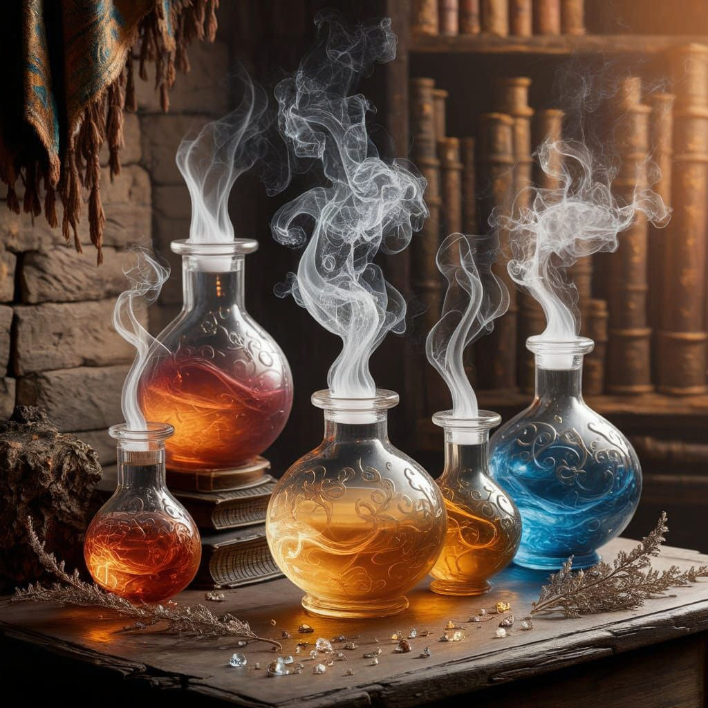 Magical Potions on Wooden Table in Warm Hearth Glow