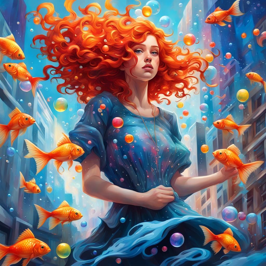 Girl in Galaxy with Goldfish: Graffiti Art