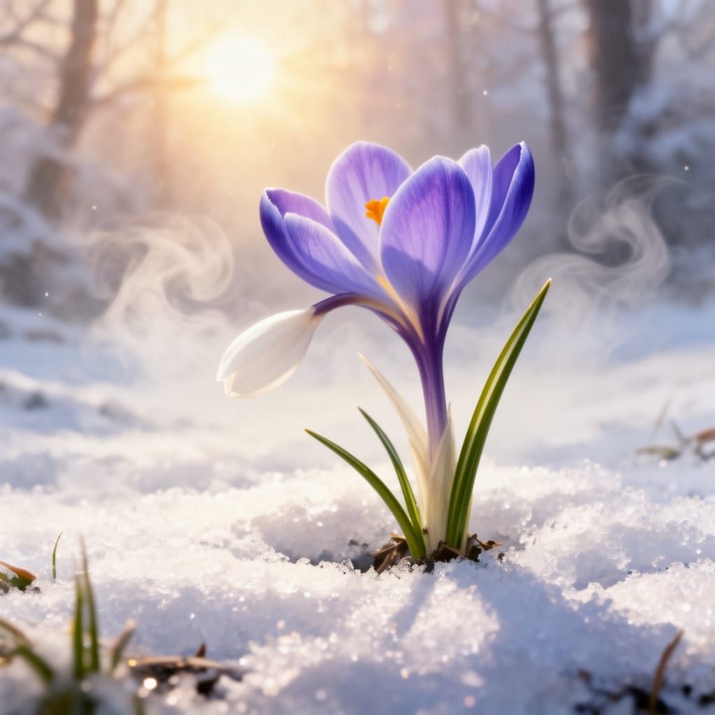 Blue Crocus Blooms Through Snow in Ethereal Light