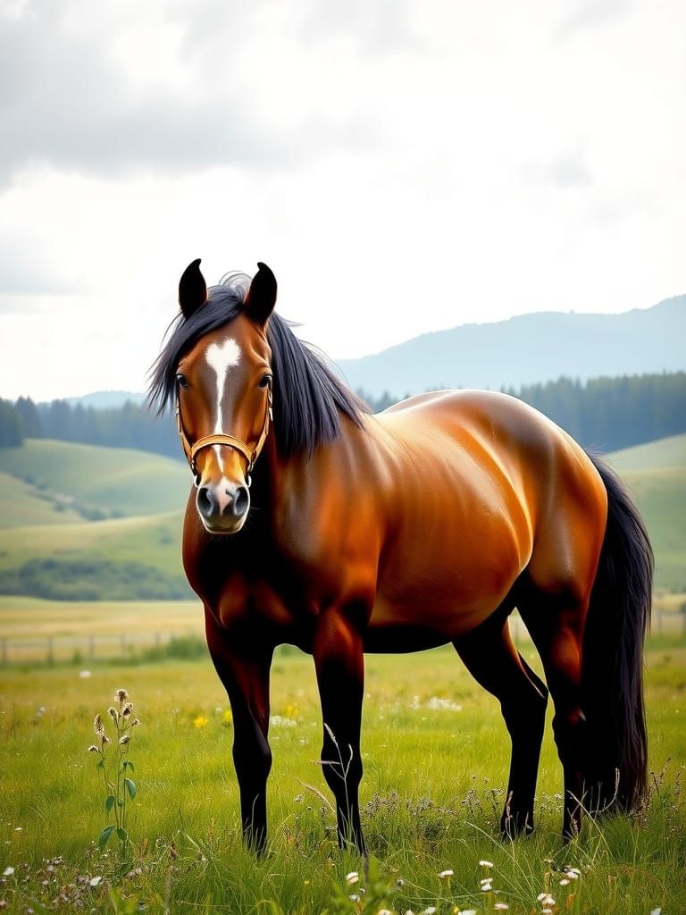 Majestic Brown Horse in Pastoral Landscape