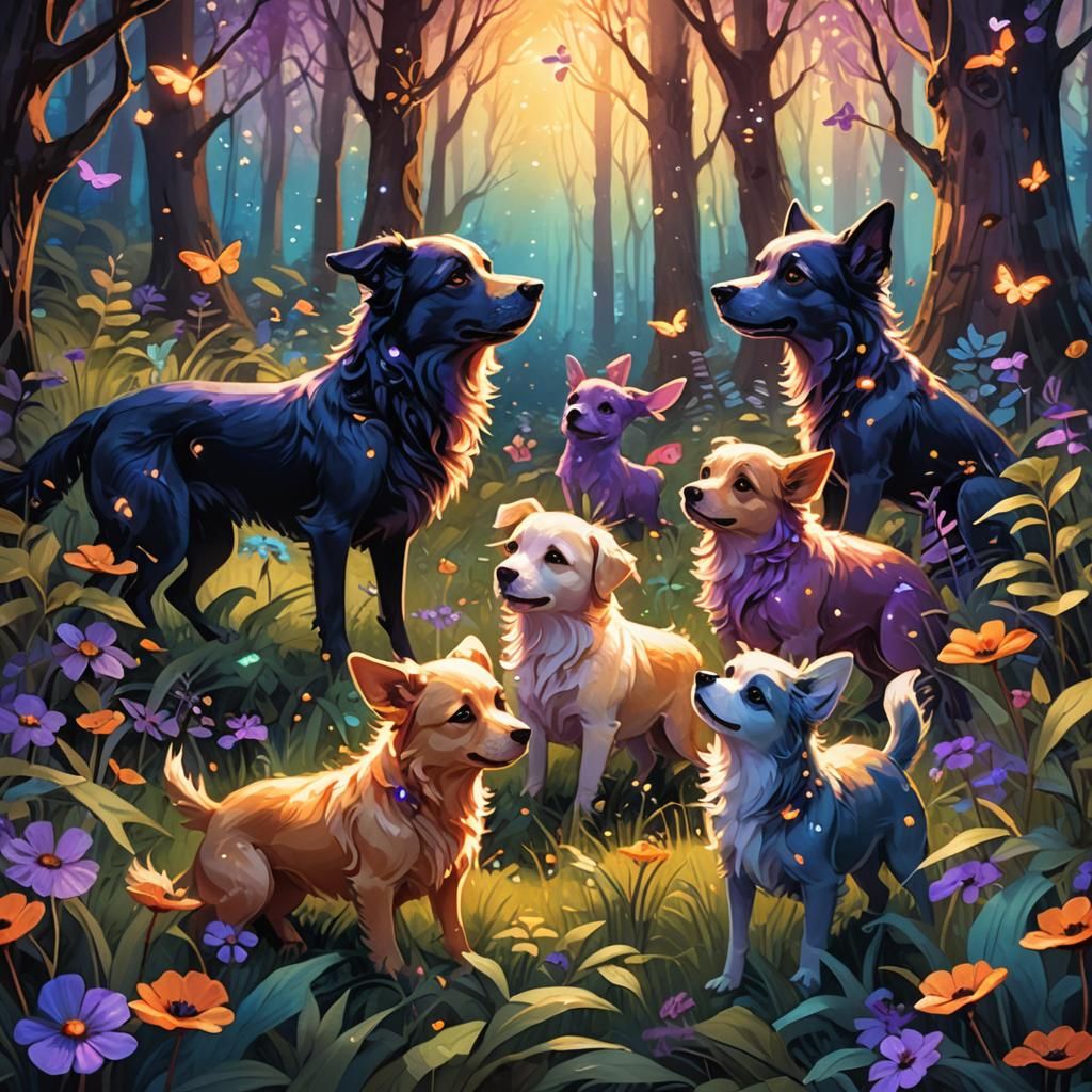 Dogs Playing in Whimsical Forest: Fantasy Illustration