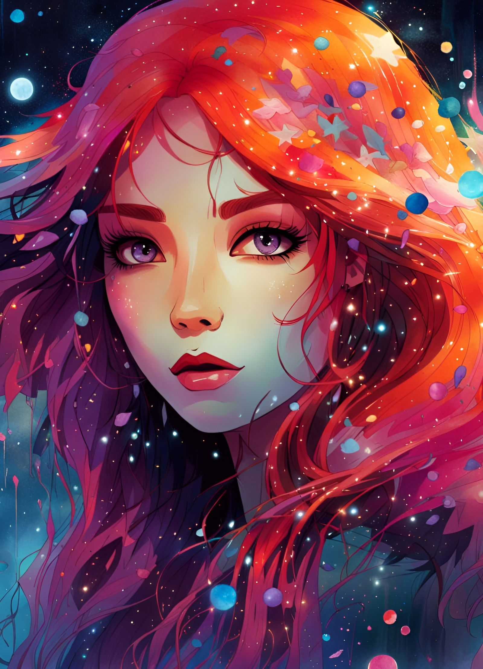 Anime Goddess Portrait with Arcane Magic, Watercolor Style