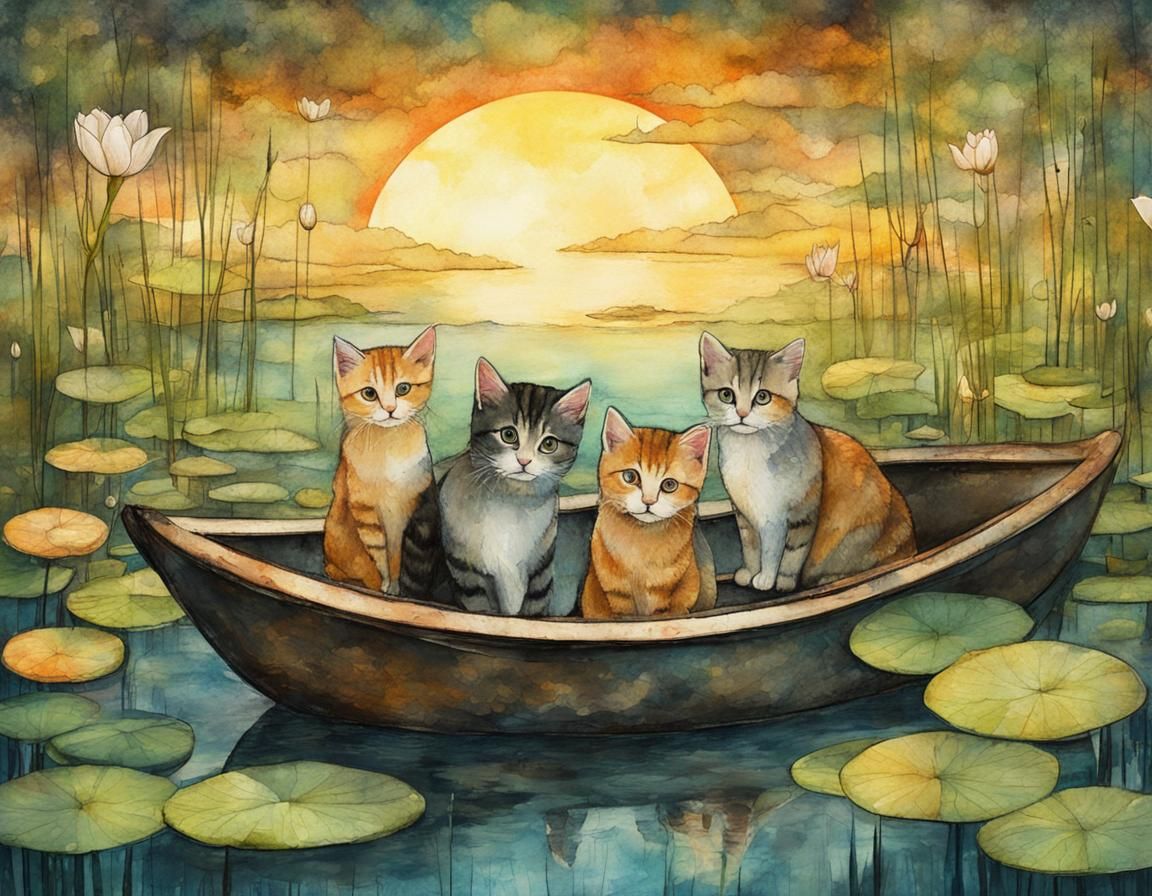 Kittens Sailing at Sunset: A Watercolor Illustration