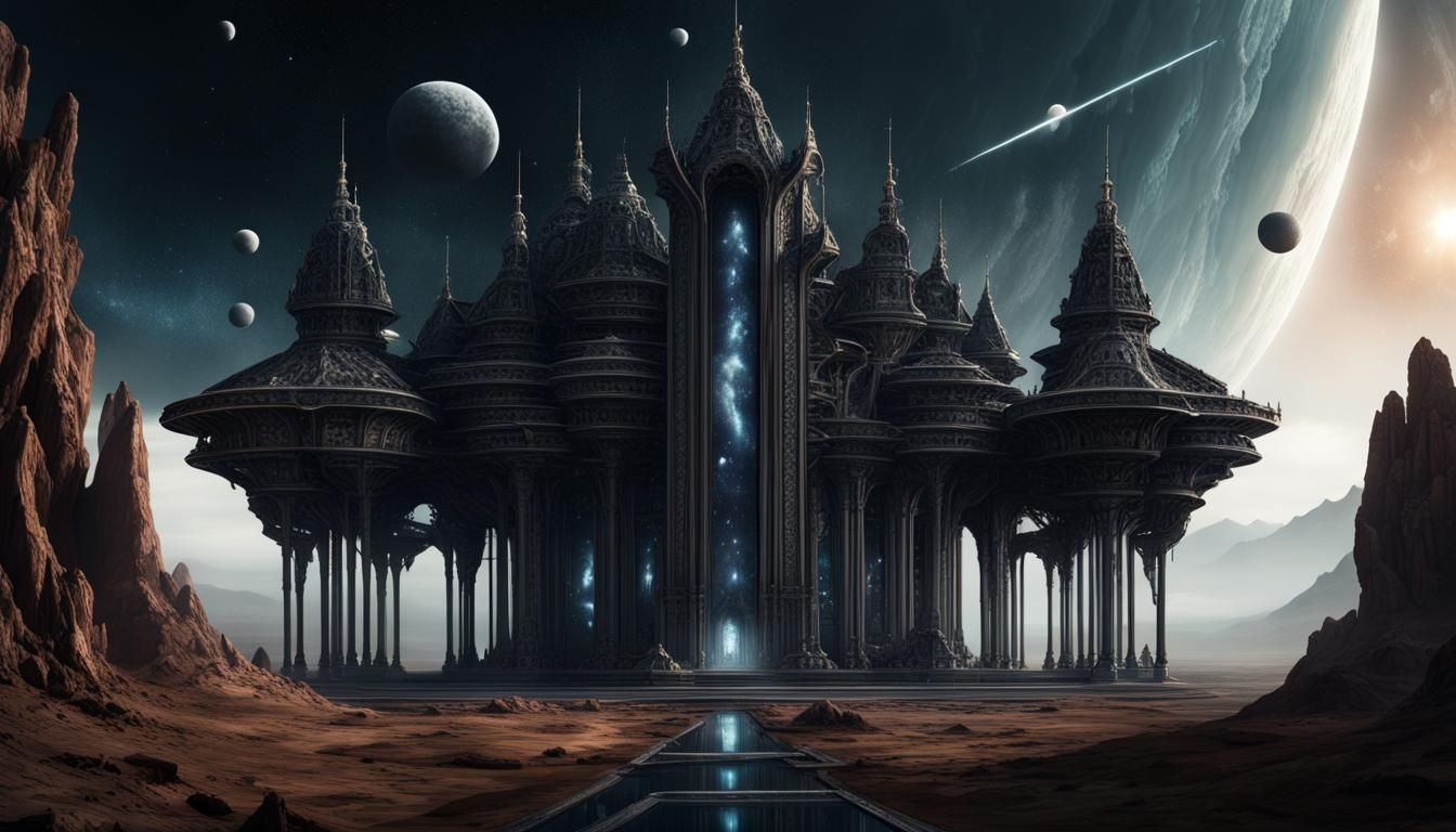 Space Palace in Asteroid Field: Dark Fantasy Architecture