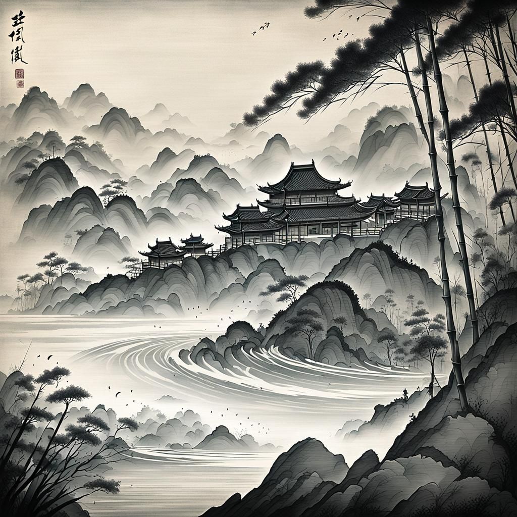 Chinese Painting of Mandarin Ducks with Bamboo