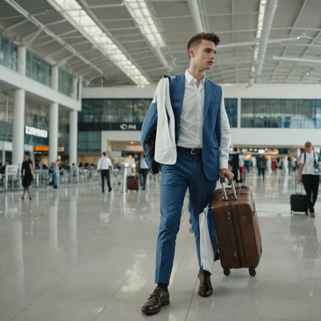 Slavic Man with Trolley in Airport, Photorealistic