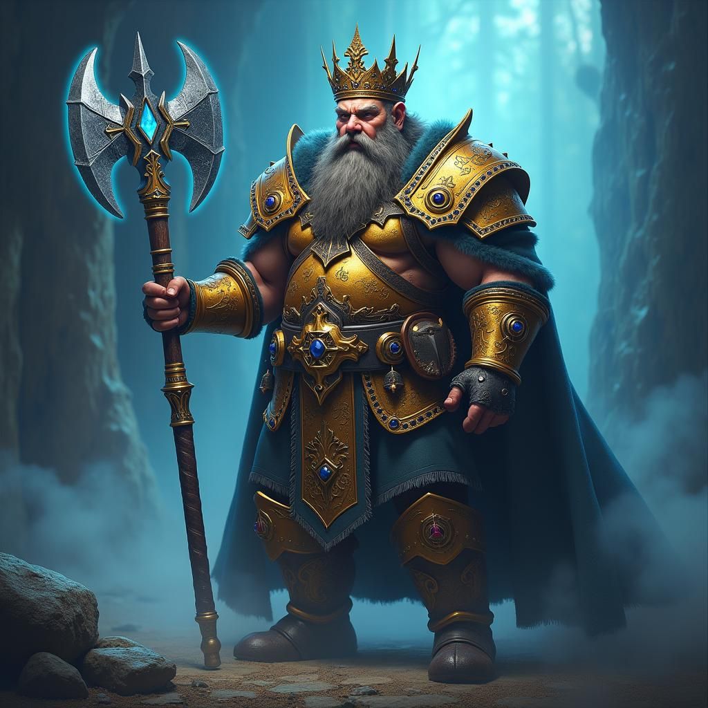 Fantasy Dwarf King with Dragon Axe in Mystical Realm