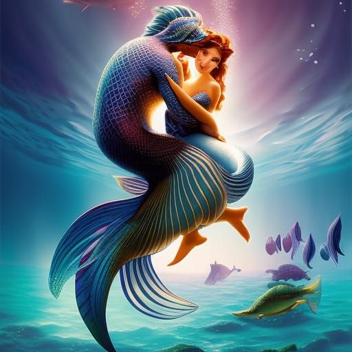 Beautiful mermaid and triton kissing with lot of fishes around in a magic ocean background