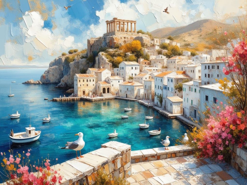 Impressionist Greek Island Coastline in Golden Light