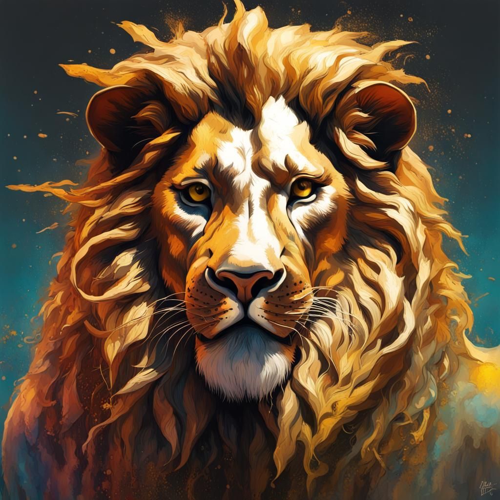 Lion in Golden Mask: Hyperrealistic Splash Art
