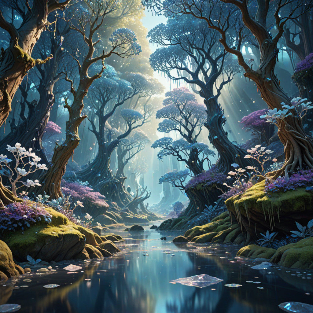 Surreal Crystal Forest with Glistening Sapphire River
