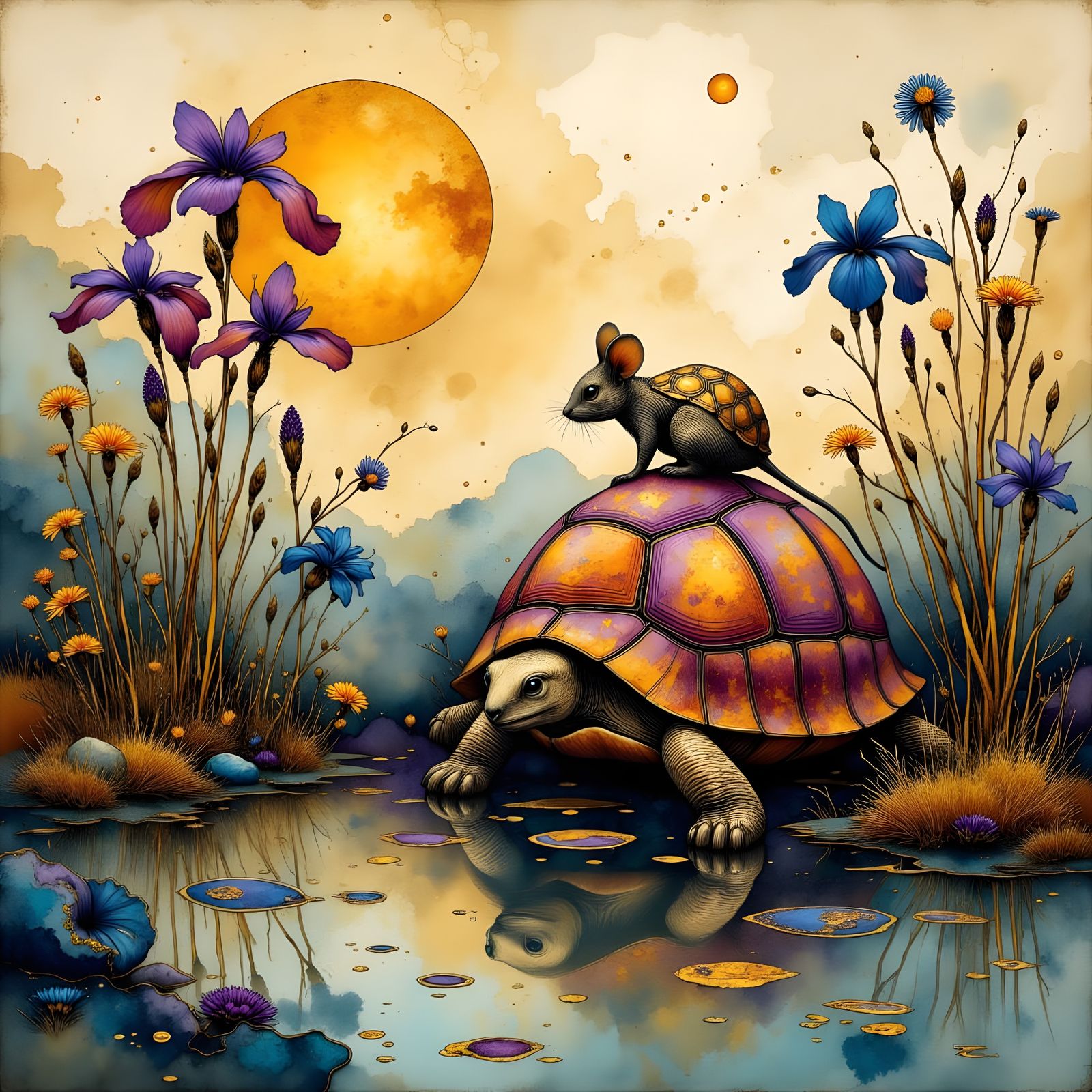 Mouse Rides Tortoise to Reflective Pond in Cloisonné Style