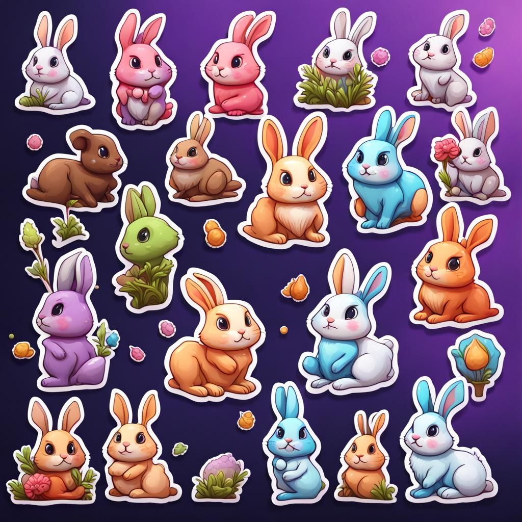 Colorful Kawaii Bunny Stickers in Cartoon Style