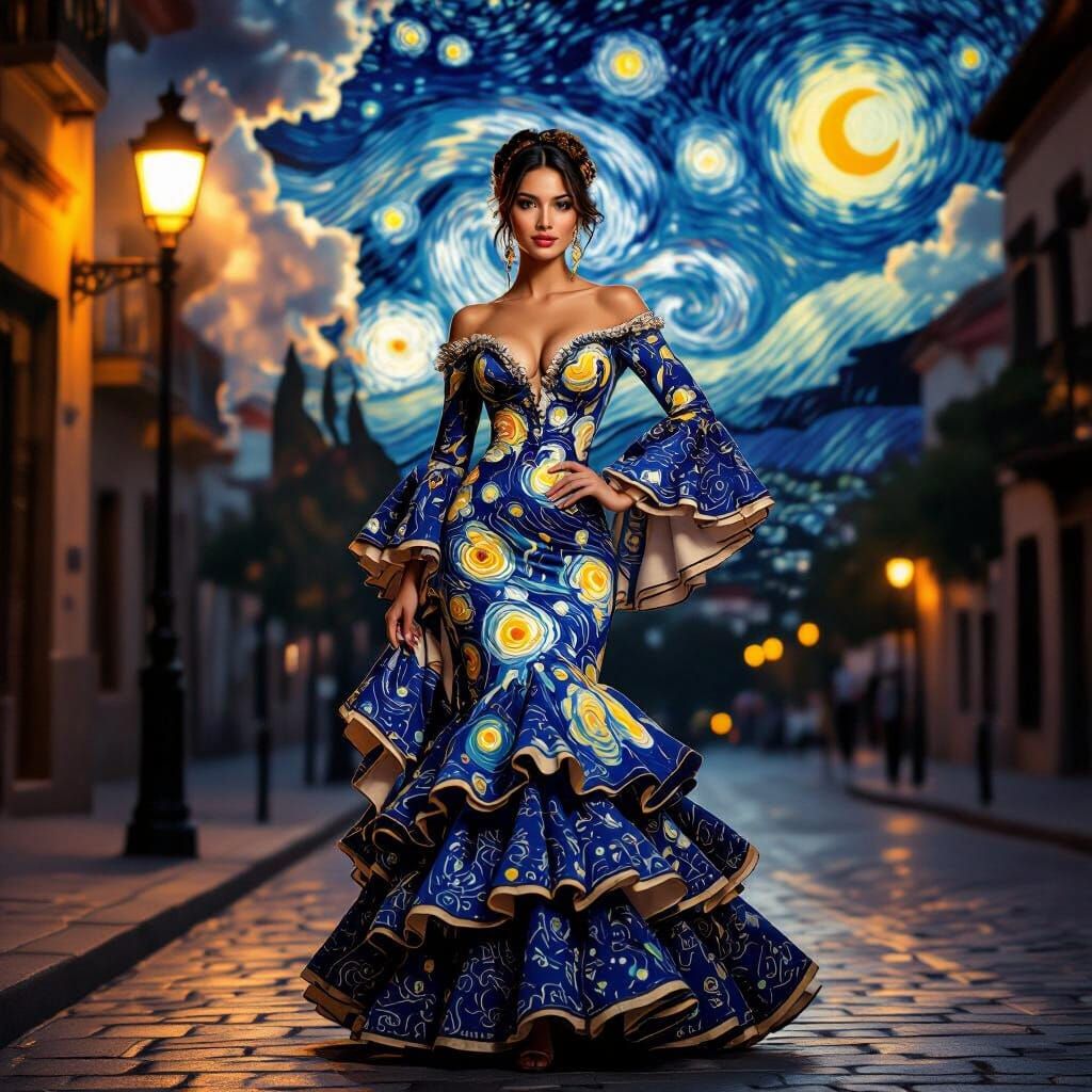 Spanish Woman in Starry Night Flamenco Gown
