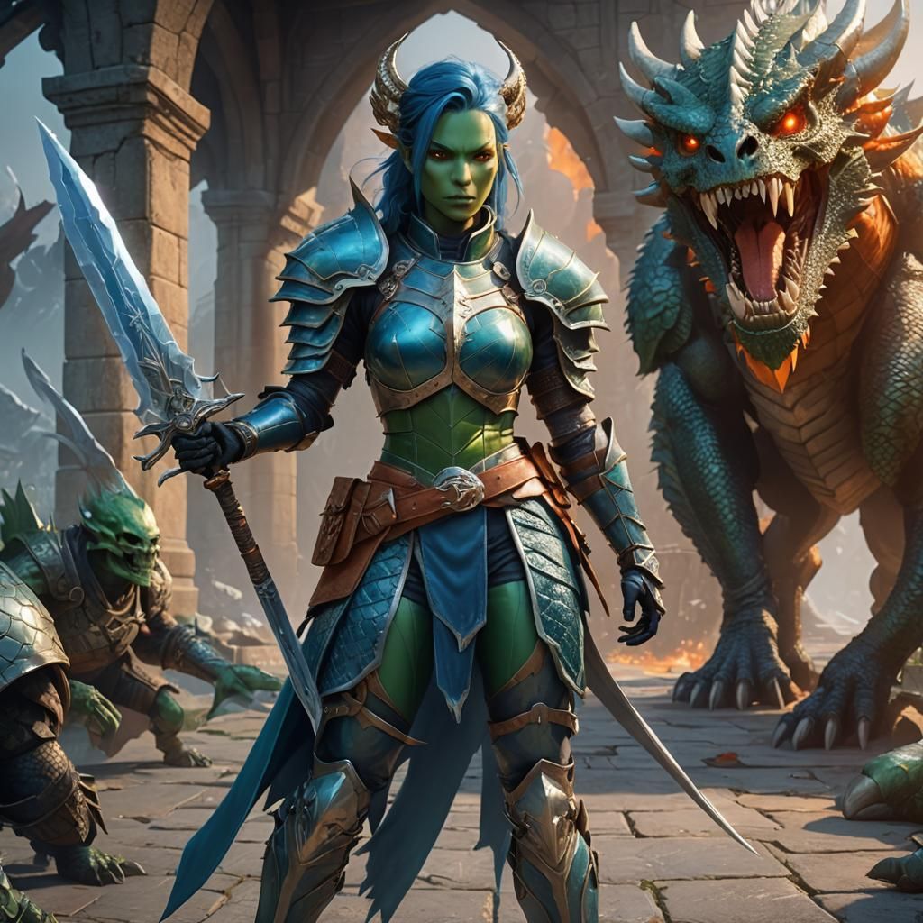 Heroic Green-Skinned Warrior in Fantasy Art Style