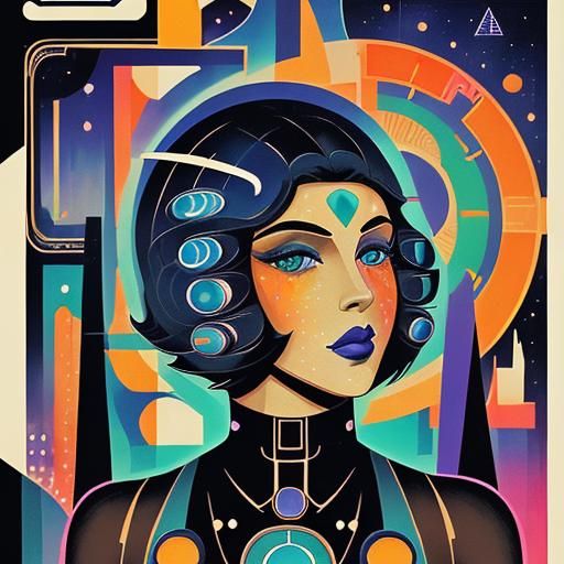 Geometric Art Deco Portrait in Retrofuturist Style