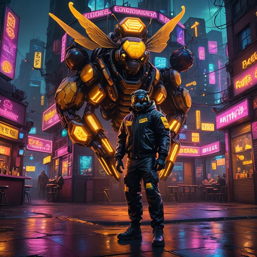 Retro-Futuristic Honey Hive Dive Bar under Neon City Lights
